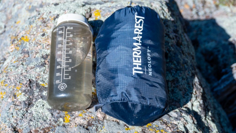 therm-a-rest neoloft - the therm-a-rest neoloft packed up next to a nalgene for scale.