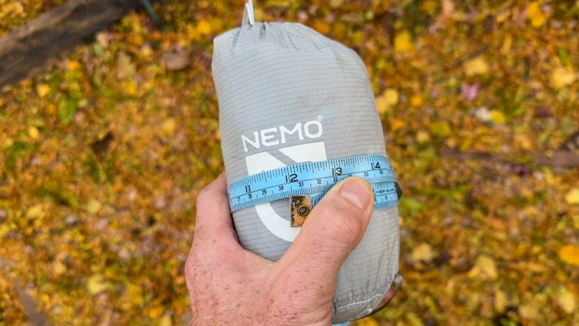 the included stuff sack has a circumference of about 12".