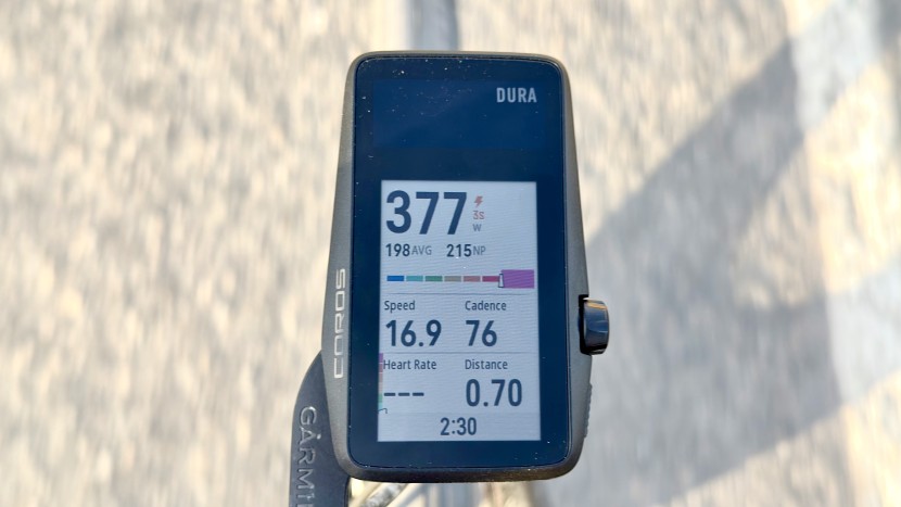 coros dura solar - this is one of the standard data screens for the road bike activity...