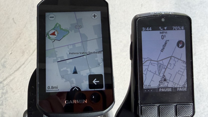 bike computer - here, the garmin edge 850 map screen is compared to the wahoo elemnt...