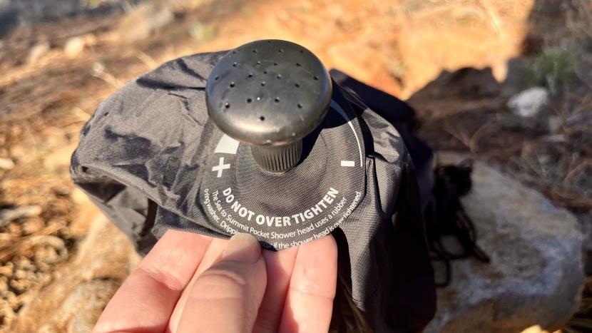 sea to summit pocket shower - we appreciate the clear instructions next to the shower head.