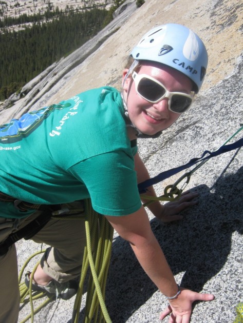 mammut tusk - alexandra long wearing the camp armour lady helmet and belaying with...